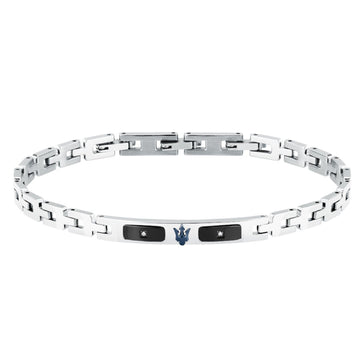 Ανδρικό βραχιόλι Maserati Diamonds JM125ATY24 από ανοξείδωτο ατσάλι και κεραμικό, ασημί-μαύρο με διαμαντάκια και μπλε τρίαινα.